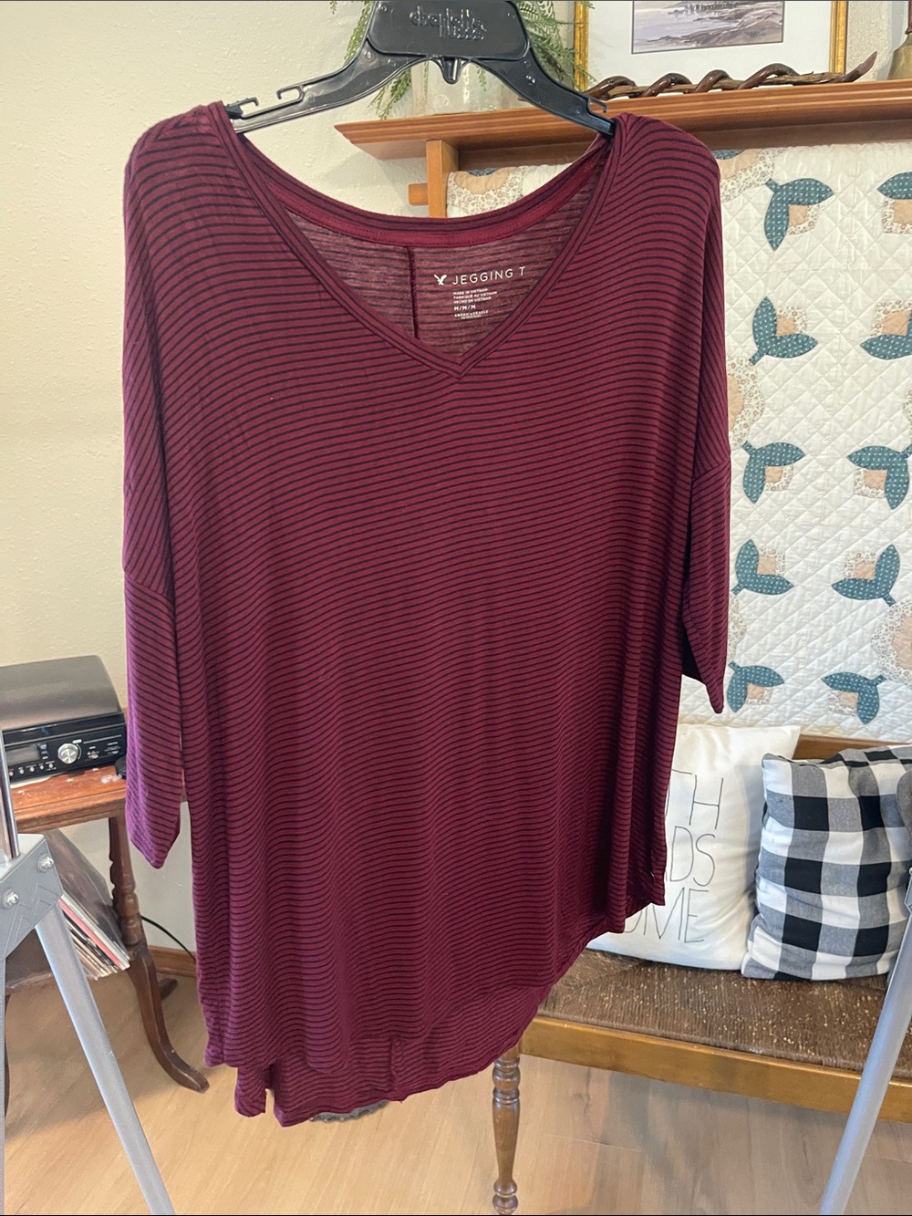 Women's Burgundy Striped V-Neck Top